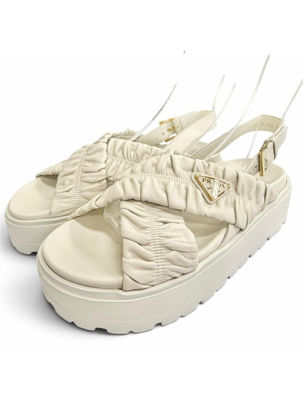 Prada Matelasse Leather Flatform Sandals Triangle Logo White Gold